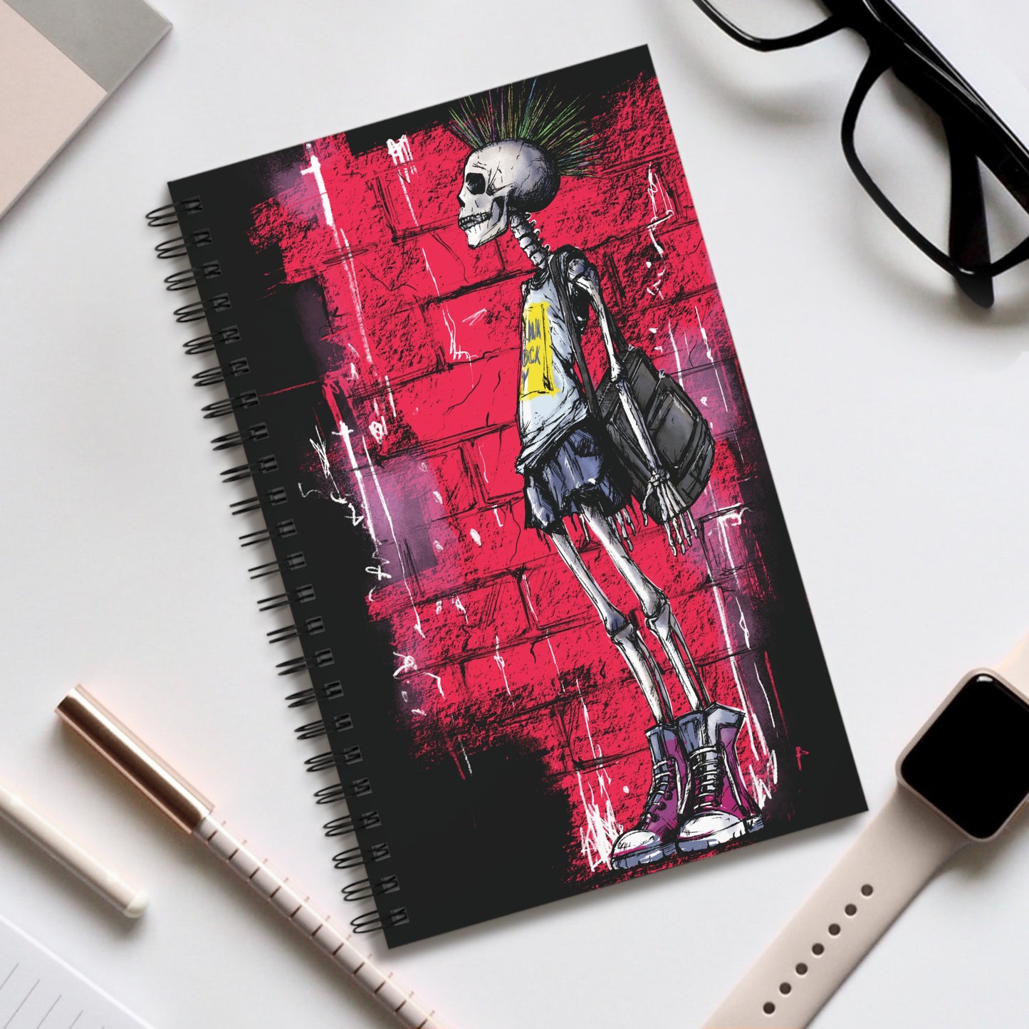 Punk-Skelett Spiral-Notizbuch, Perfekt für Schreibende, Kreative & Street-Art-Fans, Geschenk, Leuchtende Farben, Notizen, Skizzen, To-Do